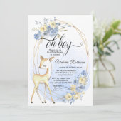 Boy Deer Oh Boy Baby Blue Beige Baby Dusche Einladung (Stehend Vorderseite)