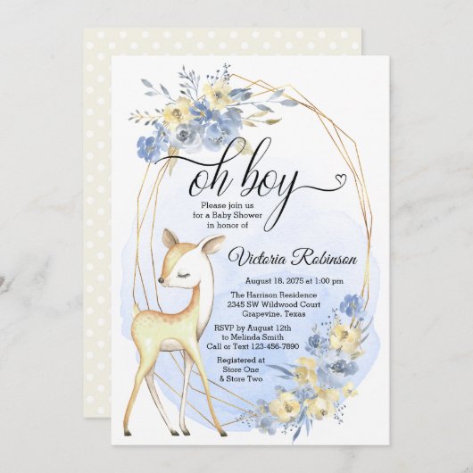 Boy Deer Oh Boy Baby Blue Beige Baby Dusche Einladung (Vorne/Hinten)
