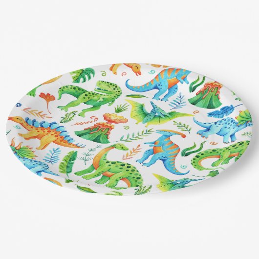 Boy Dino Party T rex, Stegosaurus, Triceratops Pappteller (Schrägansicht)