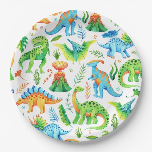 Boy Dino Party T rex, Stegosaurus, Triceratops Pappteller (Vorderseite)