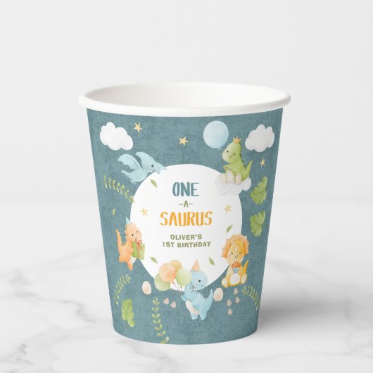 Boy Dinosaur 1st Birthday Party One-A-Saurus Pappbecher (Vorderseite)