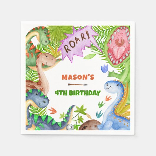 Boy Dinosaur 4th Birthday Invitation Serviette (Vorderseite)