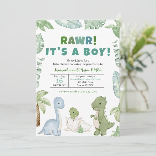 Boy Dinosaur Baby Dusche Einladung (Stehend Vorderseite)