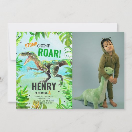 Boy Dinosaur Birthday Foto Einladung (Vorderseite)