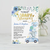 Boy Drive by Baby Dusche Parade Blue Elephant Einladung (Stehend Vorderseite)