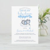 Boy Drive By Baby Shower Blue Elefant auf Cloud Einladung (Stehend Vorderseite)
