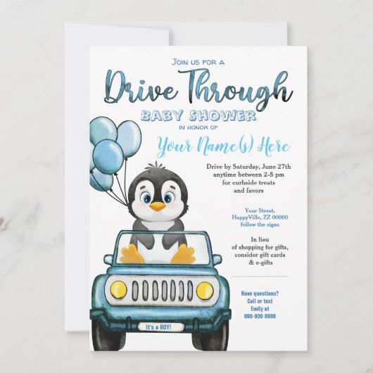 Boy Drive Through Baby Shooter Pinguin in Car Einladung (Vorderseite)