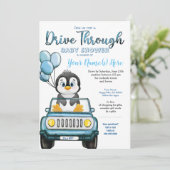 Boy Drive Through Baby Shooter Pinguin in Car Einladung (Stehend Vorderseite)