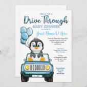 Boy Drive Through Baby Shooter Pinguin in Car Einladung (Vorne/Hinten)