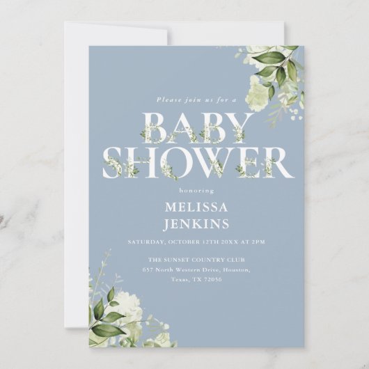 Boy Dusty Blue Greenery QR Code Baby Shower Einladung (Vorderseite)