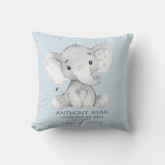 Boy Elephant Baby Birth Stats Pillow Kissen (Vorderseite)