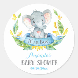 Boy Elephant Baby Dusche Blau und Grau Runder Aufkleber