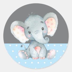 Boy Elephant Baby Dusche Blau und Grau Runder Aufkleber