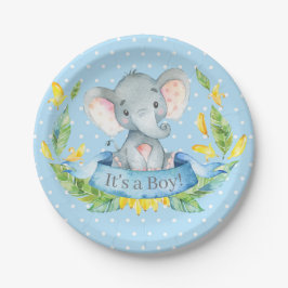 Boy Elephant Baby Dusche Blue Pappteller