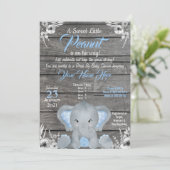 Boy Elephant Baby Dusche Einladung blau Rustikal (Stehend Vorderseite)