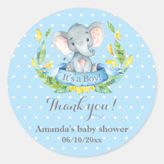 Boy Elephant Baby Shower Blue Danke für Ihre Unter Runder Aufkleber (Vorderseite)