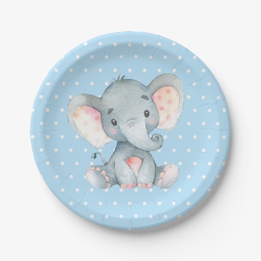 Boy Elephant Baby Shower Blue Paper Plate Pappteller (Vorderseite)