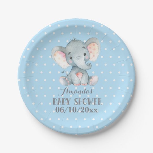 Boy Elephant Baby Shower Blue Paper Plate Pappteller (Vorderseite)
