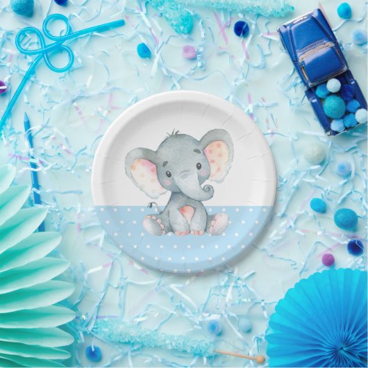 Boy Elephant Baby Shower Blue Paper Plate Pappteller (Party)