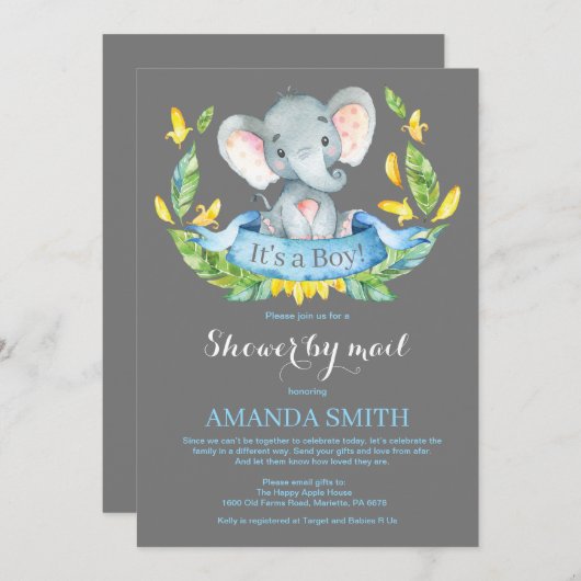 Boy Elephant Baby Shower by Mail Einladung (Vorne/Hinten)