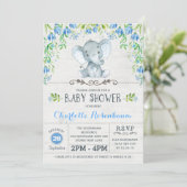 Boy Elephant Baby Shower Einladung Blue Floral (Stehend Vorderseite)