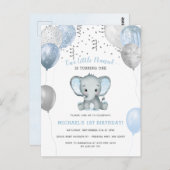 Boy Elephant Balloons 1. Geburtstag Postkarte (Vorne/Hinten)