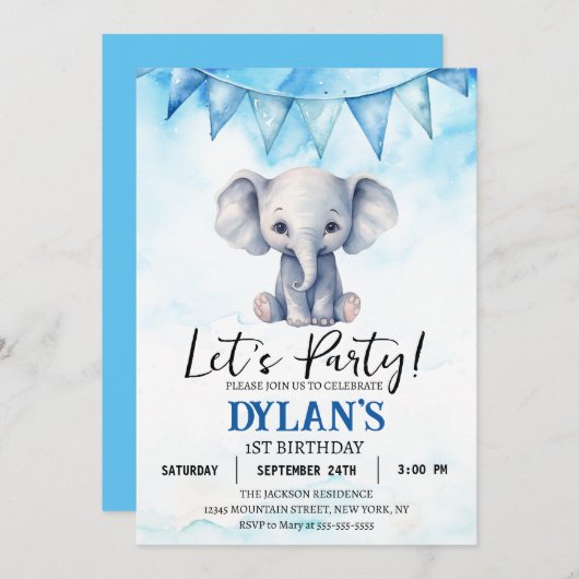 Boy Elephant Birthday Party Einladung (Vorne/Hinten)