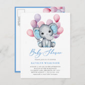 Boy Elephant Blue Balloon Script Niedlich Baby Dus Einladungspostkarte (Vorne/Hinten)