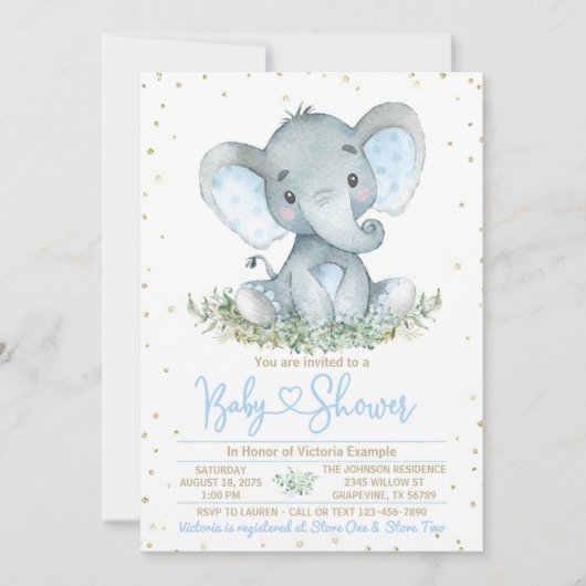 Boy Elephant Blue Gold Baby Dusche Einladung (Vorderseite)