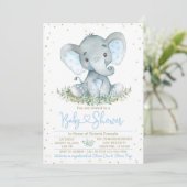 Boy Elephant Blue Gold Baby Dusche Einladung (Stehend Vorderseite)