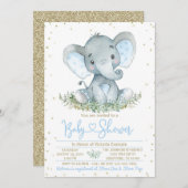 Boy Elephant Blue Gold Baby Dusche Einladung (Vorne/Hinten)