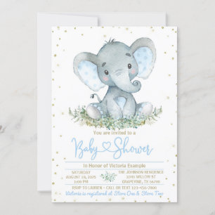 Boy Elephant Blue Gold Baby Dusche Einladung