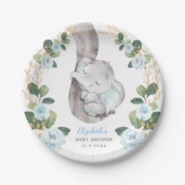 Boy Elephant Blue Gold Blumengrün Baby Dusche Pappteller