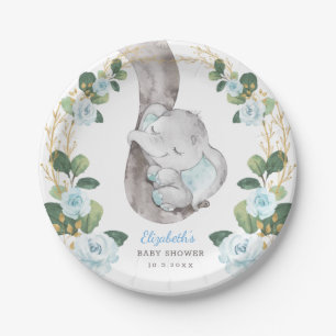 Boy Elephant Blue Gold Blumengrün Baby Dusche Pappteller