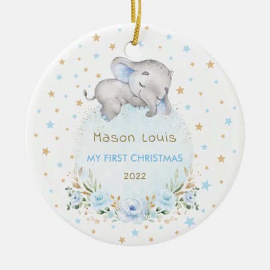 Boy Elephant Blue Gold Stars Baby 1. Weihnachten Keramik Ornament (Vorne)