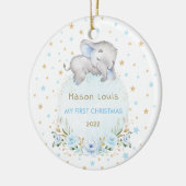 Boy Elephant Blue Gold Stars Baby 1. Weihnachten Keramik Ornament (Links)