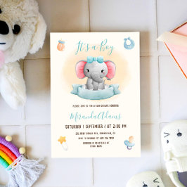 Boy Elephant Blue Watercolor Baby Dusche Einladung
