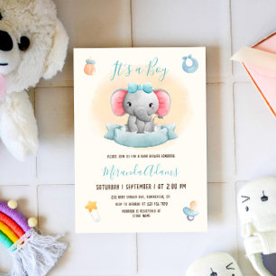Boy Elephant Blue Watercolor Baby Dusche Einladung