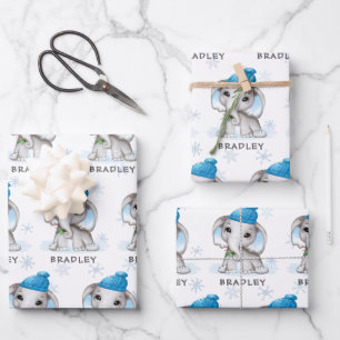 Boy Elephant Blue Winter Weihnachten Personalisier Geschenkpapier Set