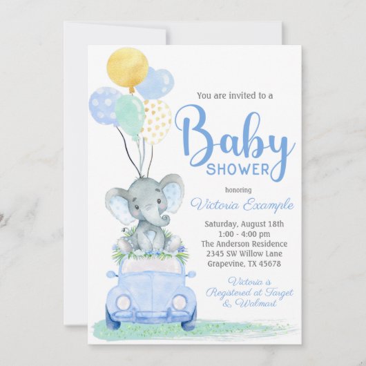 Boy Elephant Car Baby Shower Einladung (Vorderseite)