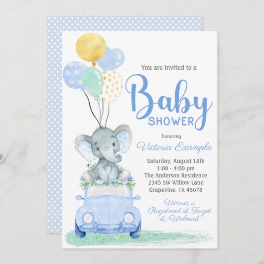 Boy Elephant Car Baby Shower Einladung (Vorne/Hinten)