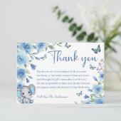 Boy Elephant Dusty Blue Rose Baby Dusche Dankeskarte (Stehend Vorderseite)