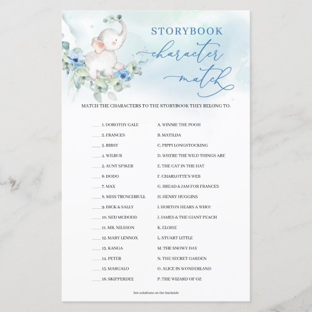 Boy Elephant Eucalyptus Storybook Character Match (Vorderseite)