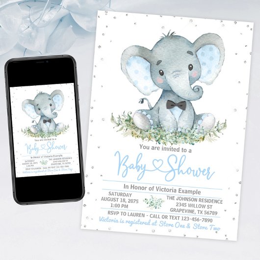 Boy Elephant Krawatte Glitzer Kinderdusche Einladu Einladung