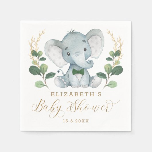 Boy Elephant Little Gentleman Greenery Baby Shower Serviette (Vorderseite)