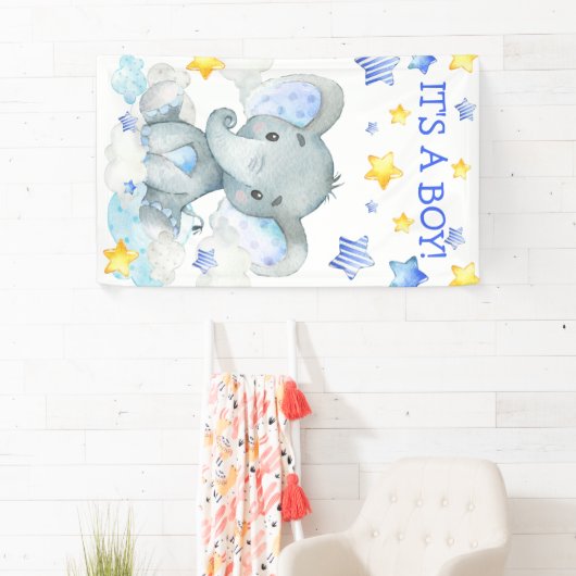 Boy Elephant Niedlich Watercolor Babydusche Banner (Insitu)