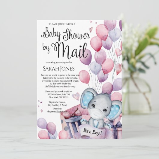 Boy Elephant Pink Balloons Baby Dusche von Mail Einladung (Stehend Vorderseite)