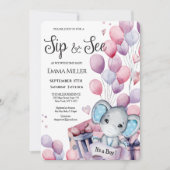 Boy Elephant Pink Balloons Baby Sip & See Einladung (Vorderseite)
