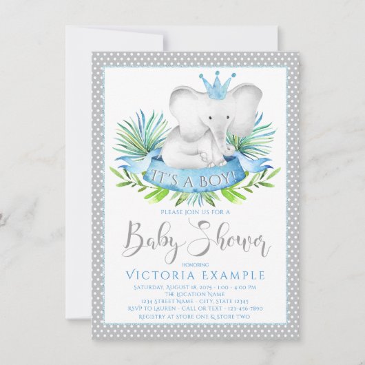 Boy Elephant Prince Baby Shower Einladungen (Vorderseite)