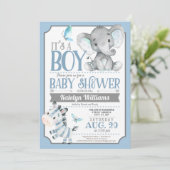 Boy Elephant und Zebra Baby Shower Einladung (Stehend Vorderseite)